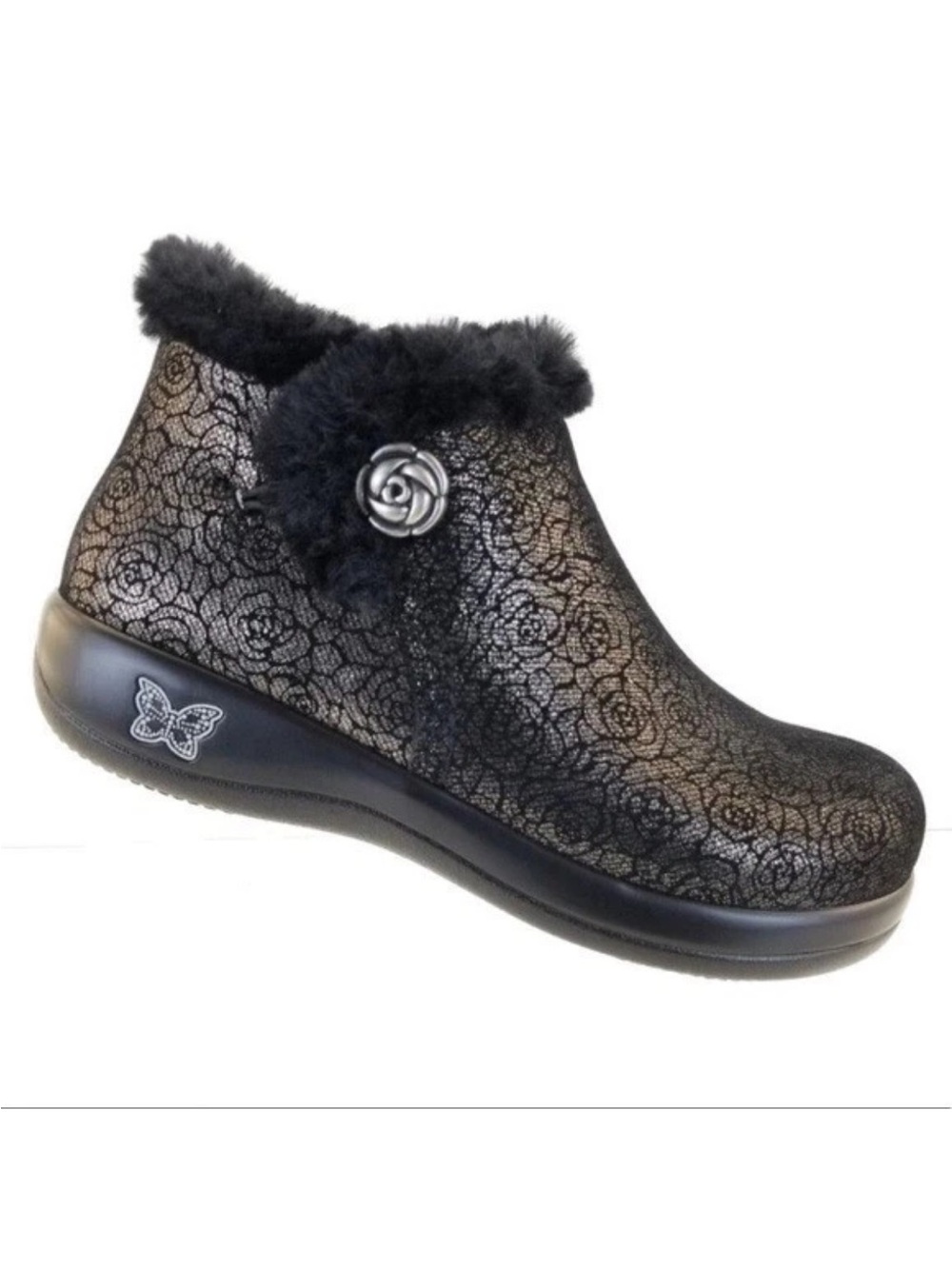 Alegria Meri Black Roses Faux Fur Lined Ankle Boots Womens Size EU 39 Leather